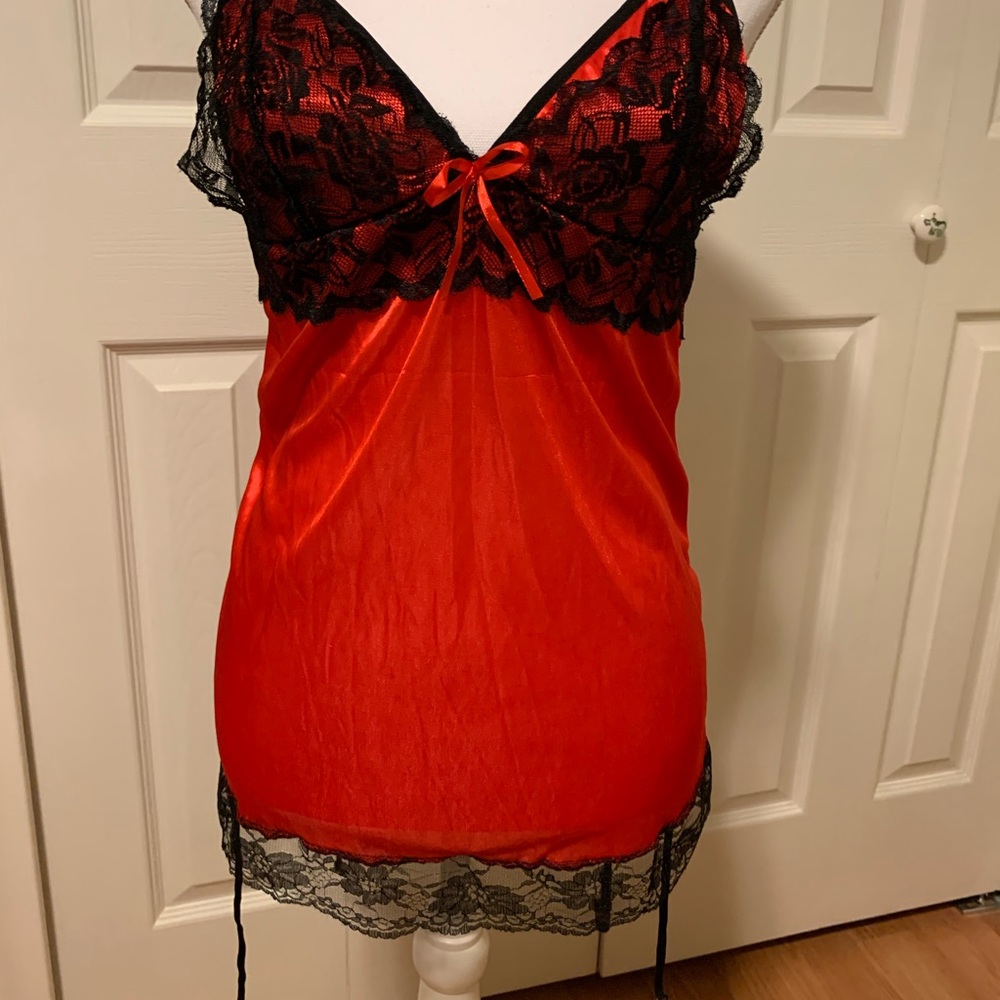 Chemise with attached garters.